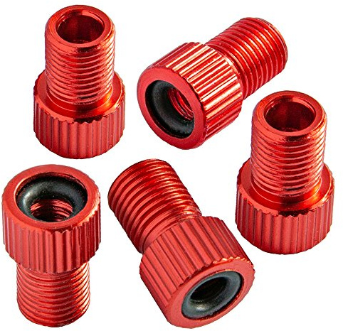 Bike Bits Presta Valve Adapter - Convert Presta to Schrader - French/UK to US - Inflate Tire Using Standard Pump or Air Compressor (5 Pack) (Red)