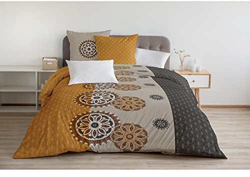 Home Linge Passion | Copripiumino – 3 pezzi | 100% cotone – 57 fili | 2 persone – 240 x 260 cm | Yucatan – Grigio e Ocra Arancione