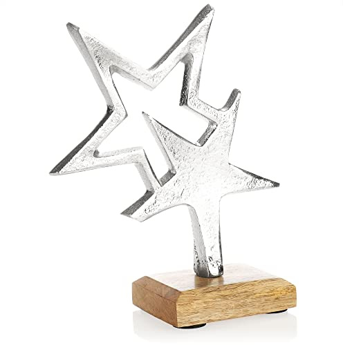 com-four® Estrella Decorativa de pie - Estatua de Estrella Fabricada en Aluminio niquelado sobre una Base de Madera (Plata - Estrella Doble)