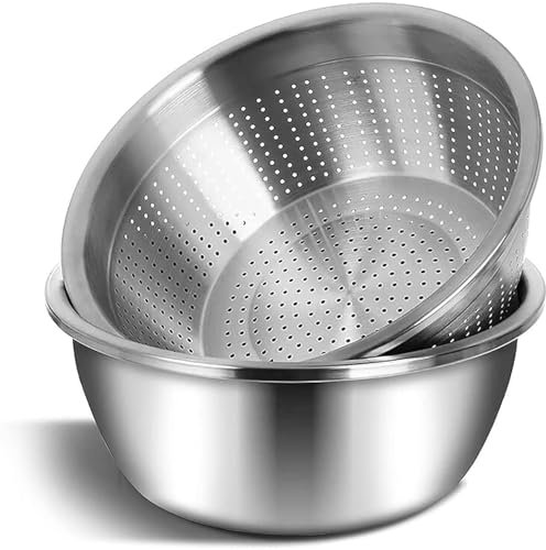Seiher Edelstahl Küchensieb Schüssel Set 2-teilig, Ø 24cm Nudelsieb Edelstahl Schüssel mit Griff, Metallsieb stapelbar, Abtropfsieb zum Waschen von Reis, Salat, Obst, Gemüse