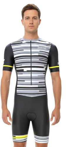 Men's Cycling Skinsuit Gel Padded One Piece Trisuit Bike Top Short Sublimated Unique Design Bib Shorts (Black/Grey, L)
