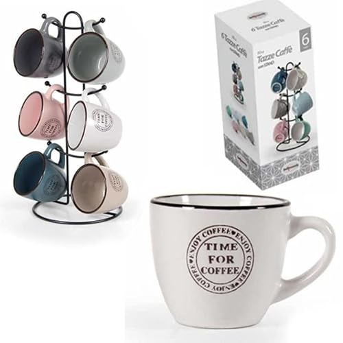 Set da 6 Tazzine da 90cc con Manico, in Colori Assortiti in Porcellana, con Supporto Stand in Metallo, per Colazione, caffè,Espresso, Latte, tè, Cappuccino, Lavabili in lavastoviglie,portatazze
