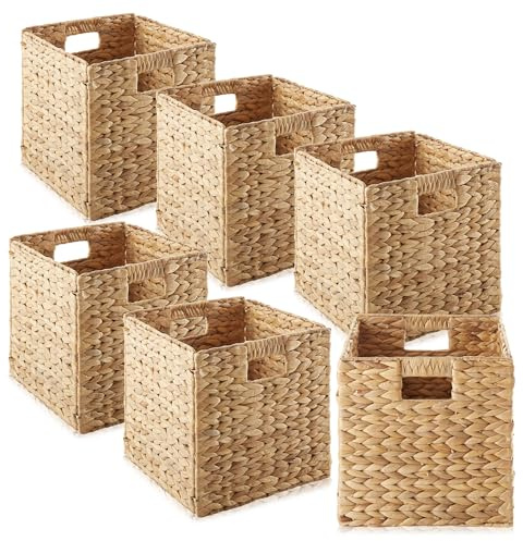 Casafield 10.5 x 10.5 Water Hyacinth Storage Baskets, Natural - Set of 6 Collapsible Cube Organizers, Woven Bins for Bathroom, Bedroom, Laundry, Pantry, Shelves