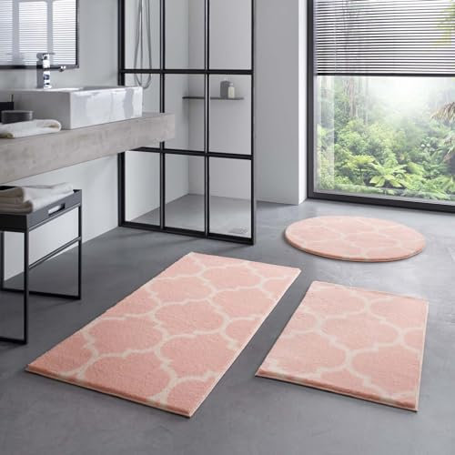 Taracarpet Badematte Badteppich für das Badezimmer waschbar in der Waschmachine Florentiner Muster Rosa Creme 060x120 cm