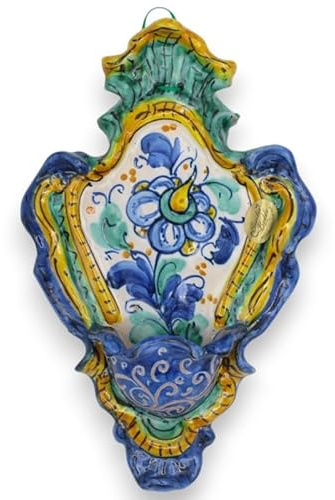Acquasantiera in Ceramica Siciliana - h 23 x 14 cm ca. Fondo Blu, Giallo e Verde, Decoro Fiore MD4