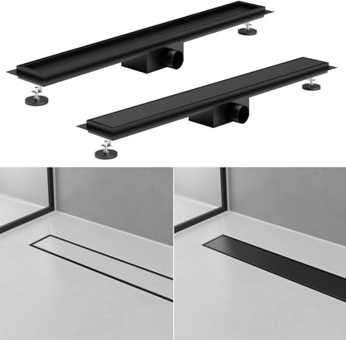 HAGO 24 caniveau de douche en noir I 80 cm I 2 en 1 Siphon de sol en acier inoxydable I Caniveau d'écoulement de douche de qualité supérieure avec filtre à cheveux I Caniveau de douche carrelable et