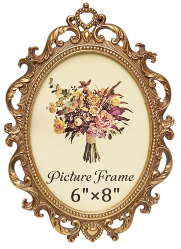 JANDERART Vintage Oval Picture Frame 6x8 Inch, Antique Ornate Photo Frames with Glass Front, Scroll Design, Tabletop & Wall Hanging, Photo Display, Gift Ideas, Gold