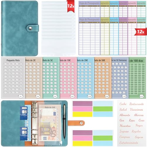 WenmthG - Agenda Ahorro Dinero Español A6-8 tipos Retos Para Ahorrar Dinero - Organizador de Dinero - Carpeta de Ahorro de Dinero - Sobres Ahorro Dinero - Budget Planner Español(AZUL)