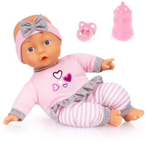 Bayer Design 93003AD Babypuppe, Kuschelpuppe, Spielpuppe, weicher Körper, mit Schnuller und Flasche, 30 cm, Lila