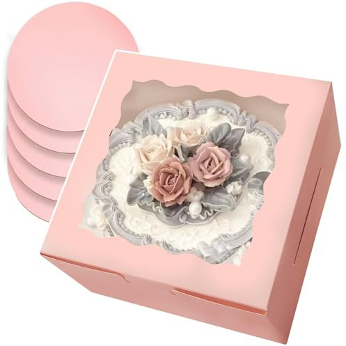 Gcardist 20,3x20,3x12,7cm Kuchenbox, 5 Sets Rosa Tortenkarton mit Fenster & 5 Sets 20,3cm Rosa Kuchenrunde Bretter, 20,3 cm Kuchenbehälter (8x8x5 Inch)