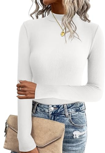 Zeagoo Jersey de Punto de Manga Larga para Mujer Camisa de Cuello Alto de un Solo Color Jersey de Punto Slim Fit Tops elásticos Tops básicos de Cuello Alto Blanco M