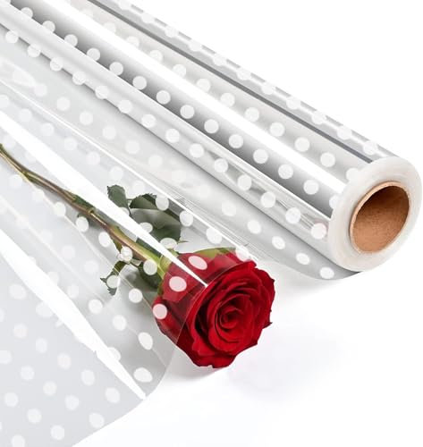 Cellophan Geschenkpapier Rolle, 80CMx 30M Weißer Punkt Zellophan Geschenkpapier 2.5Mil Transparente Zellophanfolie für Geschenk, Kunst, Blumen, Handwerk