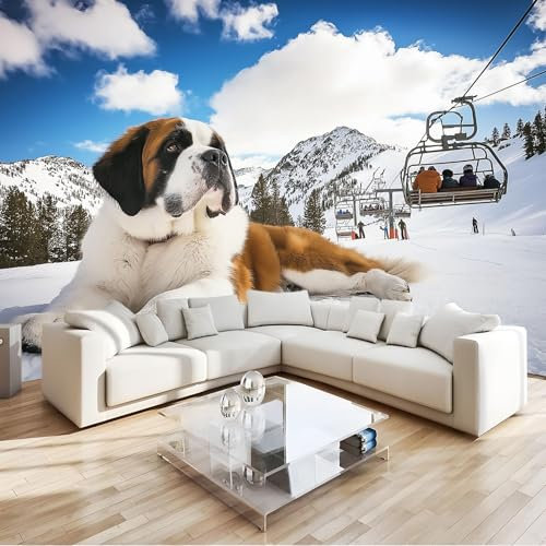 Schneeszene Tapete 3D Effekt Tier Bernhardiner Hund Fototapete Wohnzimmer B250 x H175 cm Vlies Tapeten Wandtapete Moderne Wanddeko Wand Dekoration Wohnzimmer Schlafzimmer Büro Flur