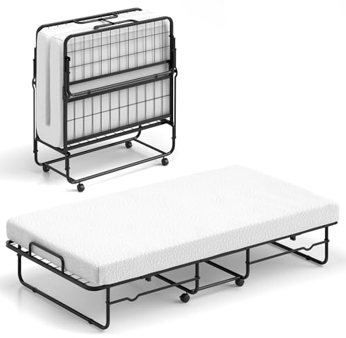 COSTWAY Cama Plegable 90 x 190 con Colchón, Cama Supletoria Plegable con Espuma de Memoria y Estructura Metálica, Individual de Invitado, Carga 220kg
