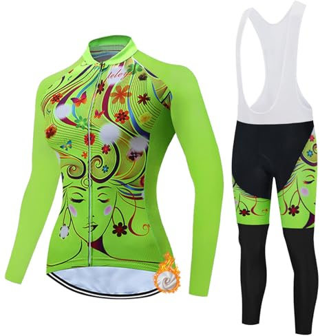 Maillot Cyclisme Tenue Cycliste Femme Hiver,Vêtements Velo VTT en Polaire Thermique Jersey Manche Longue et Cuissard à Bretelle avec 19D Coussin Gel,Ensemble Combinaisons de Cycling Respirant(11,XL)