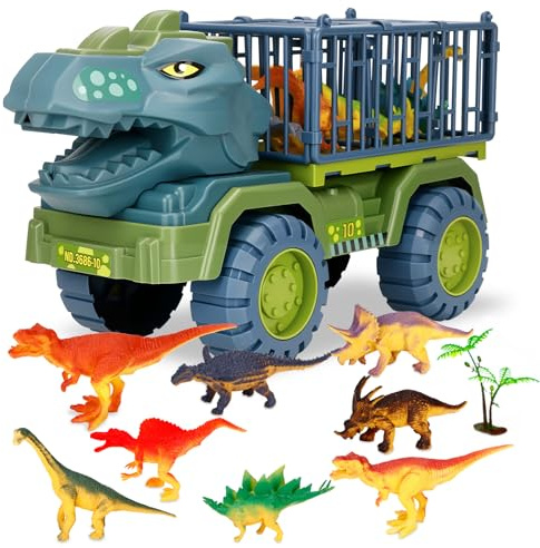 ZUSUZU Dinosaurieleksakslastbil, Dinosaurietransportlastbil, Minidinosauriefigurer och Dinosauriebil med Dinosaurieset i Presentask för Biltransportleksaker Från 3 4 5 6 7-åringar