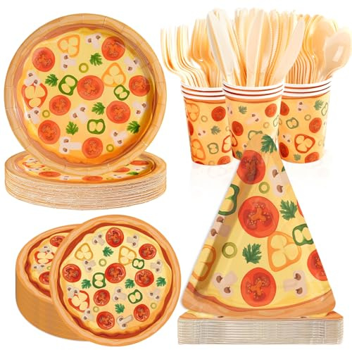 350Pcs Pizza Party Decorations Italy Pizza Night Birthday Plates and Napkins Cups Forks Pizza Slice Slice Baby Shower Tableware Sets for Kids Horror Video Game Spooky Bear Birthday Supplies Serves 50