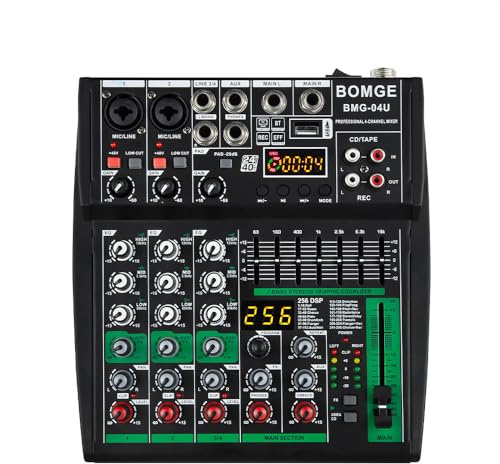 BOMGE - Mixer audio DJ professionale, DJ mixer a 4-8 canali, mixer audio Bluetooth, supporta ingresso computer USB/MP3/BT, 256DSP, alimentazione phantom da 48 V adatto per registrazione di streaming