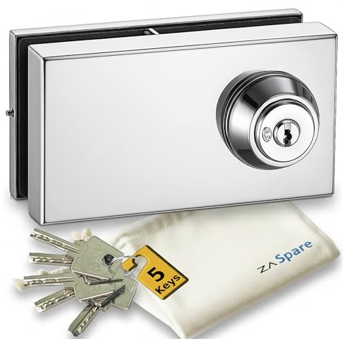 ZASPARE- Cerradura para Puerta de Cristal sin Perforación en Acero Inoxidable AISI 304, Alta Seguridad con 5 Llaves, Ideal Oficinas y Locales Profesionales, Compatible con Puertas de Cristal de 10 mm.