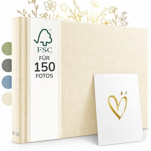 Zenacolor Fotoalbum zum Selbstgestalten - Fotobuch 30x22cm in Beige - 50 weiße Seiten & Platz für 150 Fotos - Scrapbook echtes Leinen