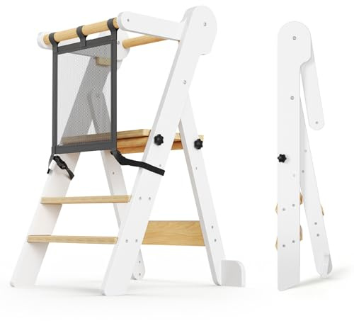 Torre didattica pieghevole con rete di sicurezza, torre regolabile in altezza, sgabello da cucina per bambini per imparare a cucinare, portata massima 50 kg