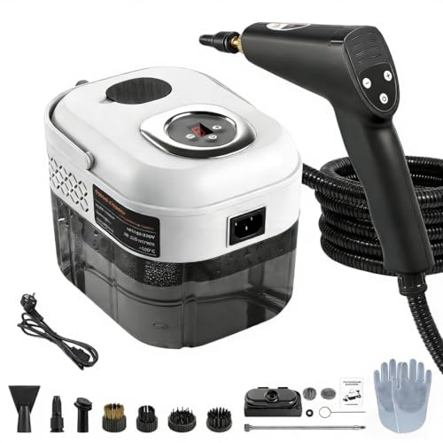 Teodute 2200W Limpiador a Vapor Portátil, con 12 Accesorios, 1,4L Depósito Agua Grande Steam Cleaner, Limpiador de Vapor cocina Baño Patio Azulejos Juntas Suelos y Limpieza Coches (Negro)