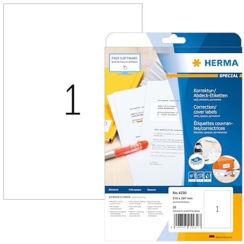 HERMA 4230 korrektur-/täcketiketter A4 ogenomskinlig (210 x 297 mm, 25 ark, papper, matt) självhäftande, utskrivbara, permanenta maskeringsetiketter, 25 klistermärken, vit
