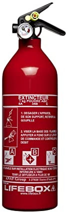 Extincteur Poudre 1kg Jet 4m, Manomètre de Pression, Pour Incendie Classes A B C, Extincteur Maison, Bureau, Voiture, Bateau - Certifié CE 0029 & NF en 3, EXT01/PS1-X LIFEBOX