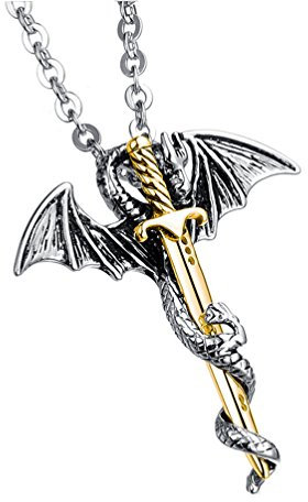 PAURO Jewellery Herren-Halskette mit fliegendem Drachen-Schwert-Anhänger, Edelstahl, europäischer Stil, Edelstahl, Kein Edelstein