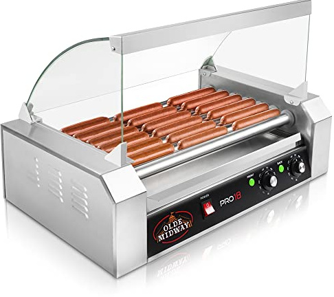 Olde Midway Electric 18 Hot Dog 7 Roller Grill Cooker Machine with Cover 900-Watt - Commercial Grade