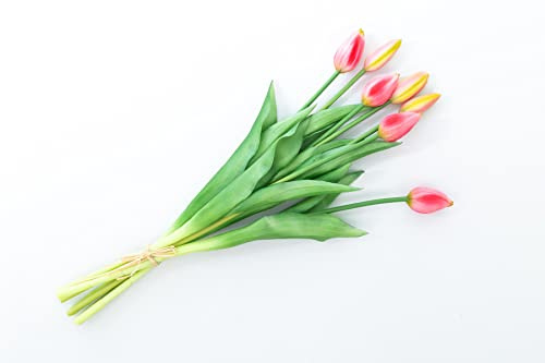 artplants.de Ramo de Tulipanes Lona, 7 Flores, Rosa-Verde, 45cm, Ø 20cm - Flores Artificiales - Flores Decorativas
