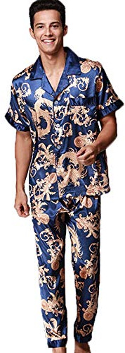 ZUEVI Men's Silk Satin Short Sleeve Pajamas Set Dragon Pattern Loungewear Button Down Pjs Set for Men(Blue Dragon-XL)