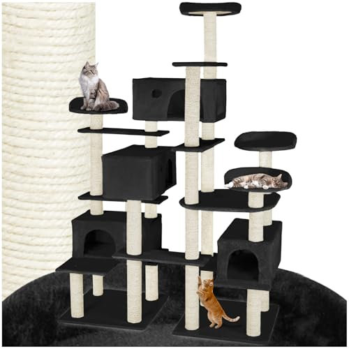 tectake® Multi-Level Cat Tree with Sisal Scratching Posts, 4 Perches & 4 Cosy Houses, Robust Structure with 2 Sturdy Bases & Anti-Tip Protection - 214 cm Cat Tower for Cats & Kittens - Black
