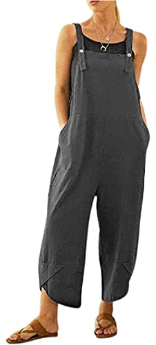 BRONG Kvinnors overaller ledig klädsel hängselbyxor mjukt bomullslinne dam jumpsuit säckig lekdräkt justerbara remmar med fickor, Grå, 5XL