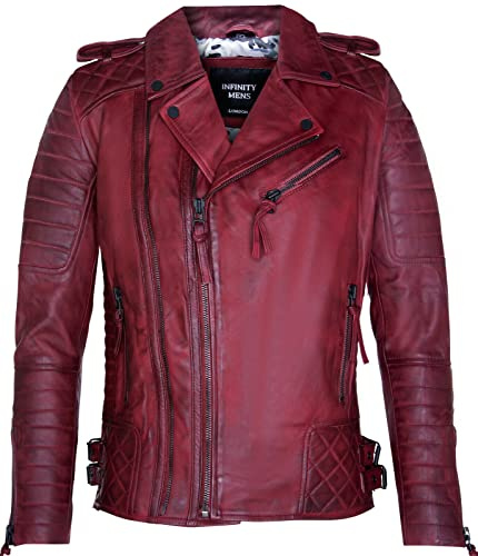 Infinity Leather Chaqueta Borgoña para Hombre de Diseño Acolchada de Cuero Chaqueta Casual de Motociclista Brando L