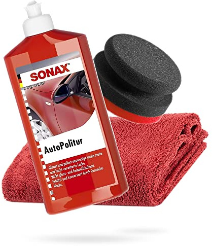 detailmate SONAX Kit de polissage manuel - Produit de polissage automobile SONAX pour peintures brillantes et métallisées 500 ml, éponge de polissage manuel dure Ø 90/50 mm, chiffon de polissage en
