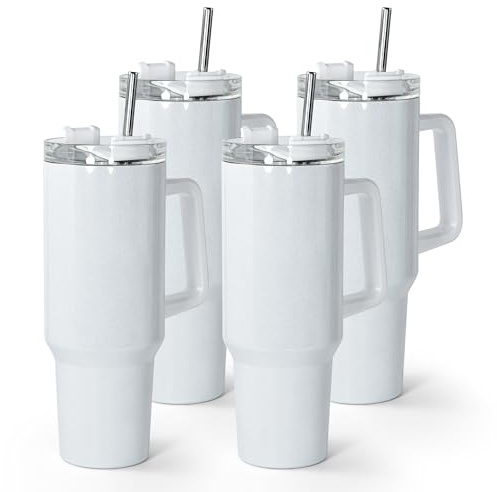 AGH 4-pack 40 oz sublimeringsskimmer vita tumlare med rostfritt stål sugrör och lock, isolerade dubbla väggar vakuum återanvändbara koppar med handtag, resemugg för fest, hem, körning, kontor