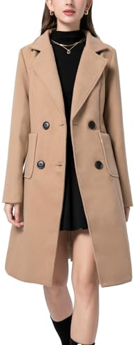 Sukany Manteau d'hiver en laine mélangée avec col cranté à double boutonnage et revers mi-long pour femme, kaki, M