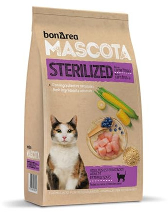 BonÁrea - Foder för steriliserade katter - Innehåller färskt kött - Tillverkat av naturliga ingredienser - Komplett och balanserat foder - Tillverkat i Spanien - Steriliserat 3kg