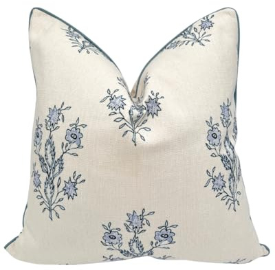Jillien Harbor “The Mary” Blue and White Decorative Throw Pillow Cover – Floral Block Print Pillow Cover – Grandmillennial Home Decor, 19 x 19