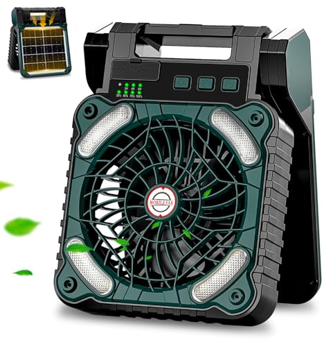 Sendowtek Portable Battery Fan with Solar Panel, 10400 mAh Rechargeable with LED Light 4 Speed Timer Small USB Table Fan for Camping Outdoor Indoor Picnic Cooling Sleeping