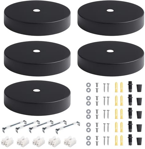 Swavitie 5 pièces Auvent de Plafond 10cm Rosace Plafond Luminaire Noir Cache Fil Lustre Plafond Pavillon Luminaire Metal Baldaquin Lampe Support de Fixation Lustre pour Cuisine Salon Couloir