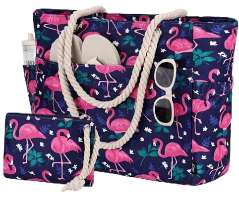 Kasgo Bolsa de playa, bolsa de playa para mujer grande, bolsas de piscina ligera con cómodas asas cierre cremallera antiarena elegante Tote Bag para gimnasio, viajes, compras de verano, Rayas negras