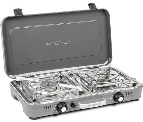 Brunner DEVIL Gaskocher Kookmaster GP – Doppelbrenner 2,4 kW, Piezo-Zündung, Deckel und Tragegriff, mit glatter und geriffelter Grillplatte, 30 mbar, perfekt für Outdoor-Küche