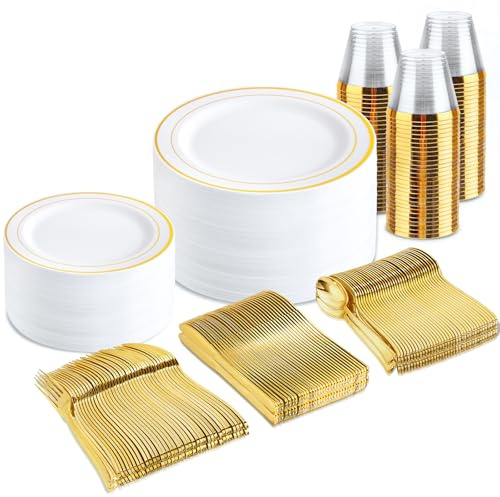 bUCLA 300PCS Gold Plastic Plates - White Gold Dinnerware set Disposable - Include 50 Each (Dinner&Dessert) Plates,50 Knives,50 Forks,50 Spoons,50 Cups for Party, Thanksgiving, Fall Harvest & Autumn