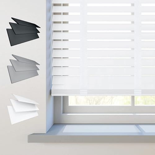 REHAN & CO Faux wood window Venetian Blinds 50mm Slats with String/Tape Blinds Aluminium Headrail Trimmable Child Safe Home Office Window Blind (White Tape, 45Wcm x 150Hcm)