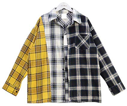 Shirt Suga Same Style Color Match Loose Checked Shirt Plaid Long Sleeve Shirt Cardigan Tops Blouse Yellow