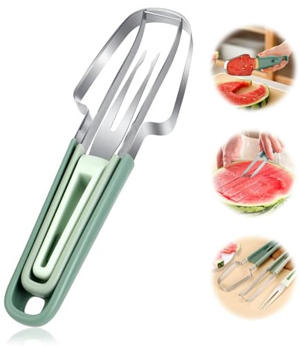 Wassermelonen Schneider, 3-in-1-Obstschneider aus Edelstahl, Wassermelone Eisstiefelschneider, Sommer Wassermelonen-Fruchtschneidegabel, Bstschneider für Cantaloupe Papaya Drachenfrucht