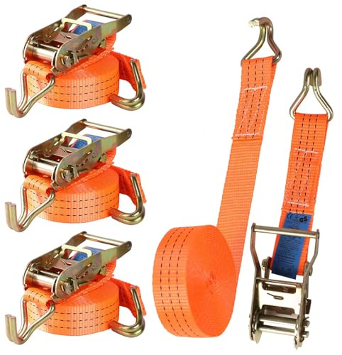 Pamatio 4 Pack Ratchet Straps - 6m x 3.8cm 2000 kg Heavy Duty Tie Down Straps With Double J Hooks, Tensioning Belts Adjustable,For Trailers Cars Motorcycle (Orange)