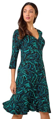 Roman Originals Tea Dress for Women UK Ladies Frill Hem Skater Wrap Jersey Stretchy Fit & Flare Flattering Knee Length Cocktail Party Occasion Holiday Going Out - Teal Noir - Size 14